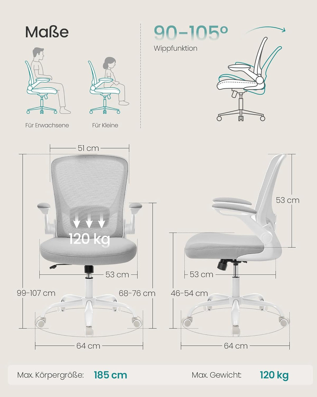 SONGMICS Bürostuhl ergonomisch, Drehstuhl mit Mesh, Lenden- und Kopfstütze, Wippfunktion, 53 cm gros