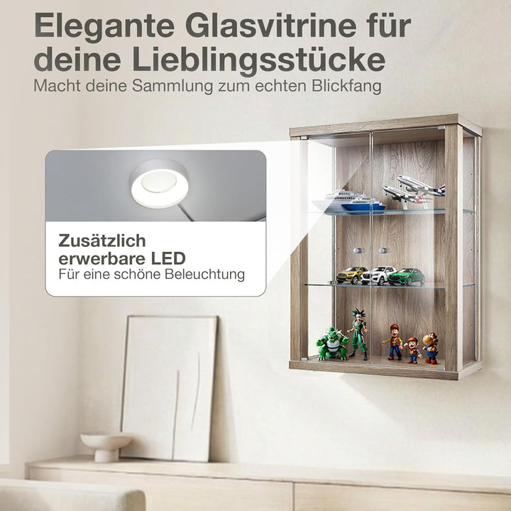 K-Möbel Hängevitrine Glas in Sonoma Eiche (80x60x25 cm) mit 2 höhenverstellbaren Glasböden - Modella