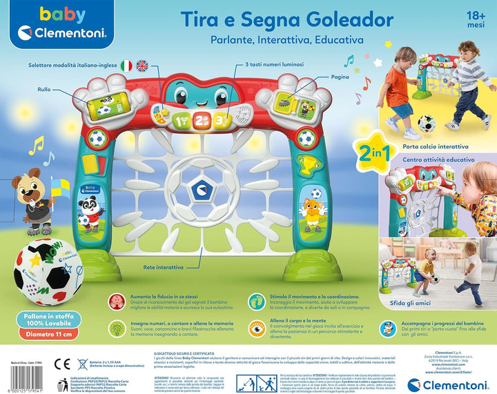 Clementoni Baby Tira e Segna Goleador Fussballtor für Kinder mit Ball, sprechendes Aktivitätszentrum