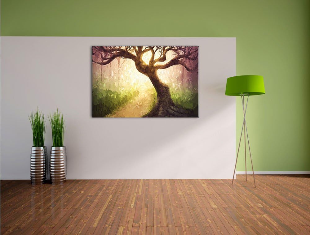 Pixxprint Riesiger Baum am Waldweg Pinsel Effekt, Format: 100x70 auf Leinwand, 100x70