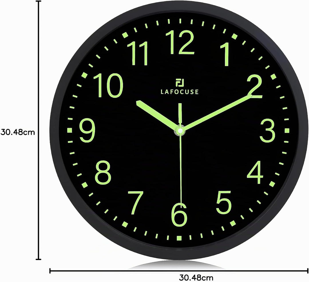 Lafocuse 30cm Leuchtend Wanduhr Schwarz Ohne TickgeräUsche Lautlos, Nachtlicht Wanduhren Modern Einf