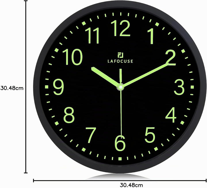 Lafocuse 30cm Leuchtend Wanduhr Schwarz Ohne TickgeräUsche Lautlos, Nachtlicht Wanduhren Modern Einf