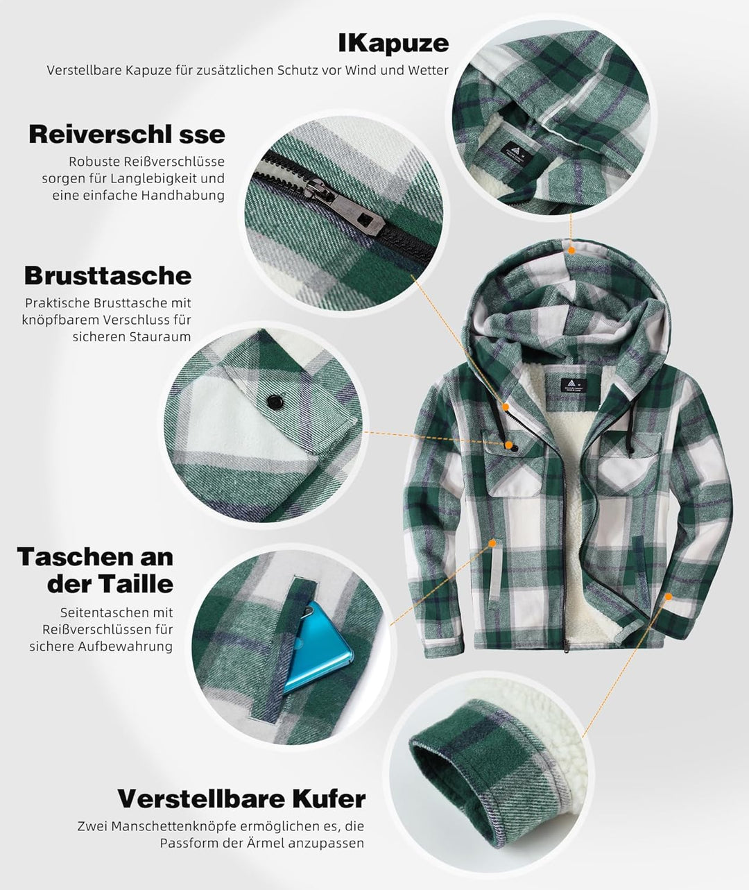 JACKETOWN Hemdjacke Kariertes Herren hoodies Flanelljacke Warm Thermohemd Herren Holzfäller Jacke Ve