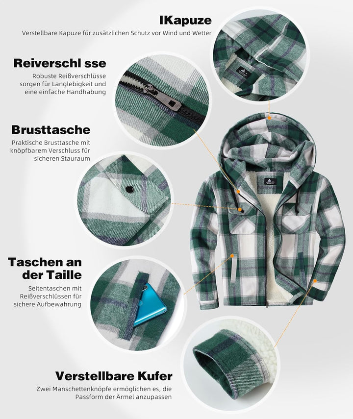 JACKETOWN Hemdjacke Kariertes Herren hoodies Flanelljacke Warm Thermohemd Herren Holzfäller Jacke Ve