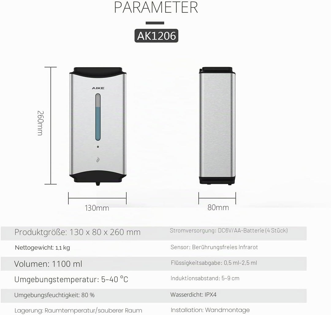 AIKE Seifenspender Automatischer Edelstahl, 1100 ml Kommerzieller Seifenspender Wandmontage mit Sich