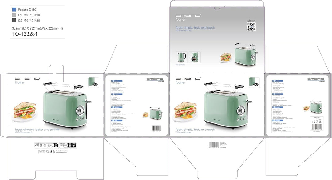 EMERIO Toaster Retro Style | 800 Watt | 2 Scheiben | 7 einstellbare Bräunungsgrade | Brötchenaufsatz