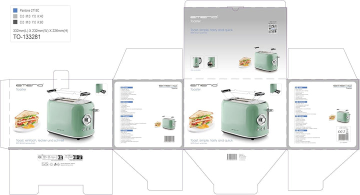 EMERIO Toaster Retro Style | 800 Watt | 2 Scheiben | 7 einstellbare Bräunungsgrade | Brötchenaufsatz