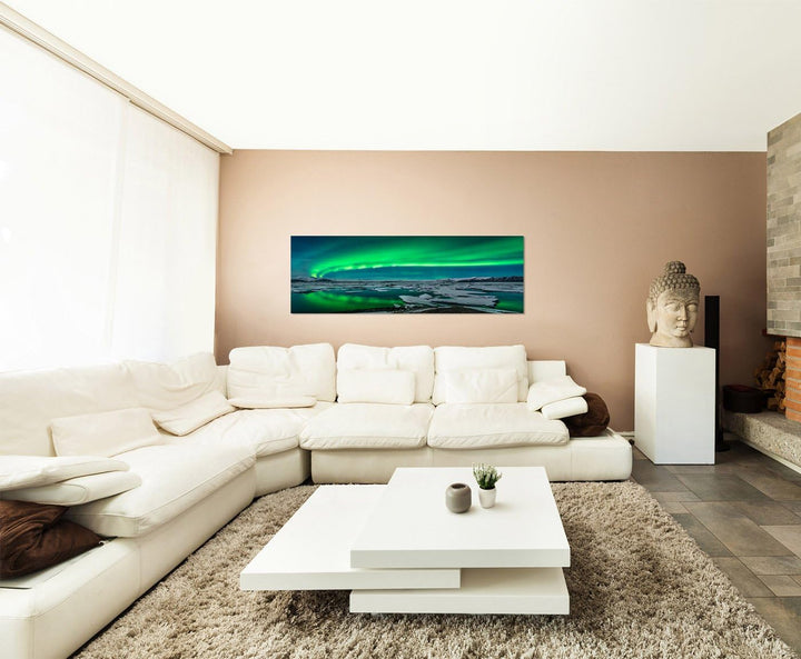 Paul Sinus Art Panoramabild auf Leinwand und Keilrahmen 150x50cm Island EIS Nordlichter Nacht