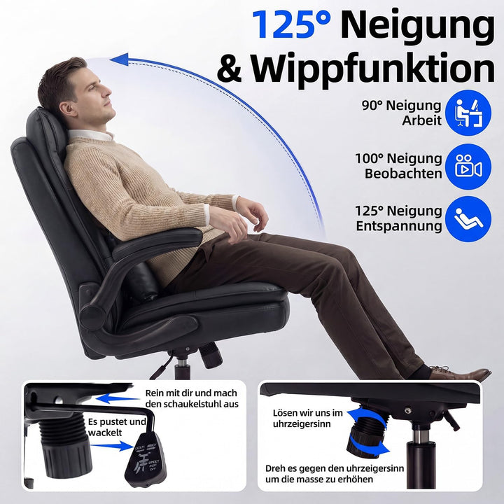 Bürostuhl Ergonomisch Schreibtischstuhl mit Hochklappbare Armlehne | Lordosenstütze, Bürostuhl 150kg