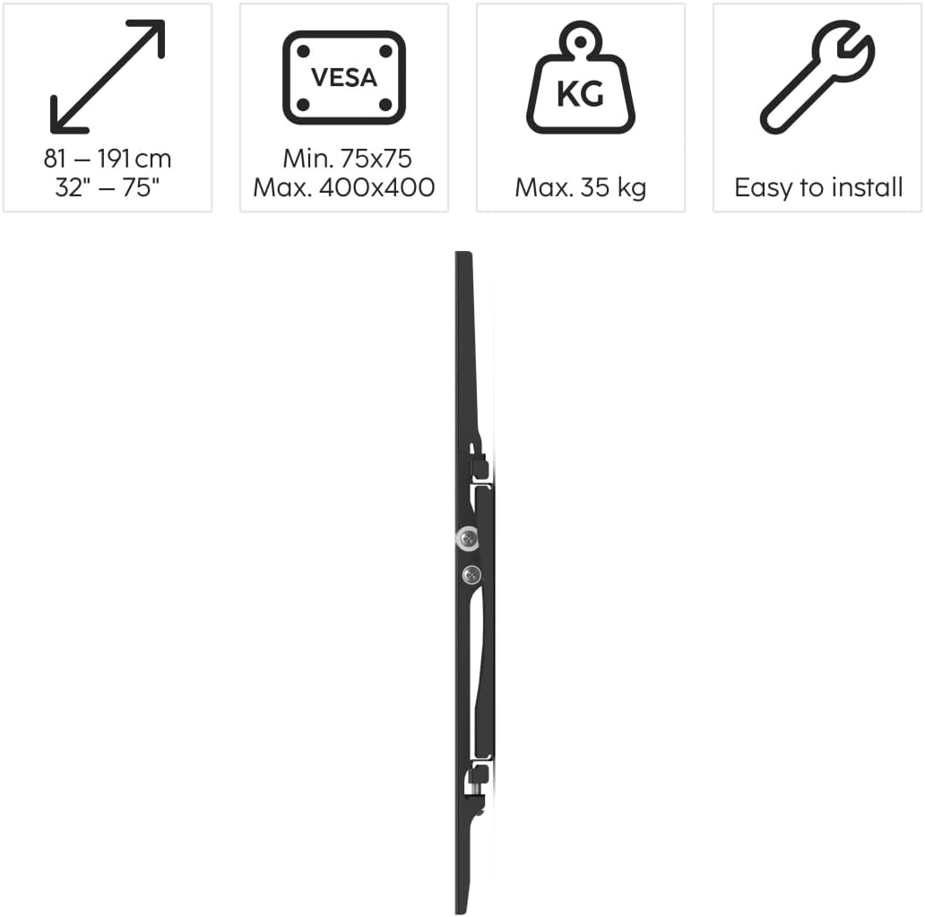 Hama TV Wandhalterung neigbar 32–75 Zoll (81–191 cm) – flach 2,4 cm, bis 35 kg, VESA 400x400 – Ultra