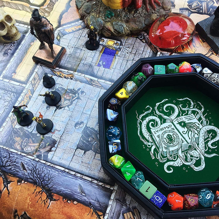 Fantasydice-Cthulhu Tome-Green - Dice Tray - 20CM Octagon with Lid and Dice Staging Area- Holds 5 Se