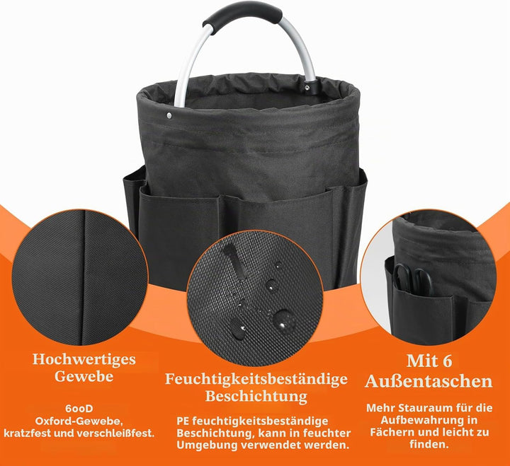 2 Stück Einkaufskorb Faltbar mit Griff und 6 Taschen, 17L Tragbarer Putzmittel Organizer, Gartentasc