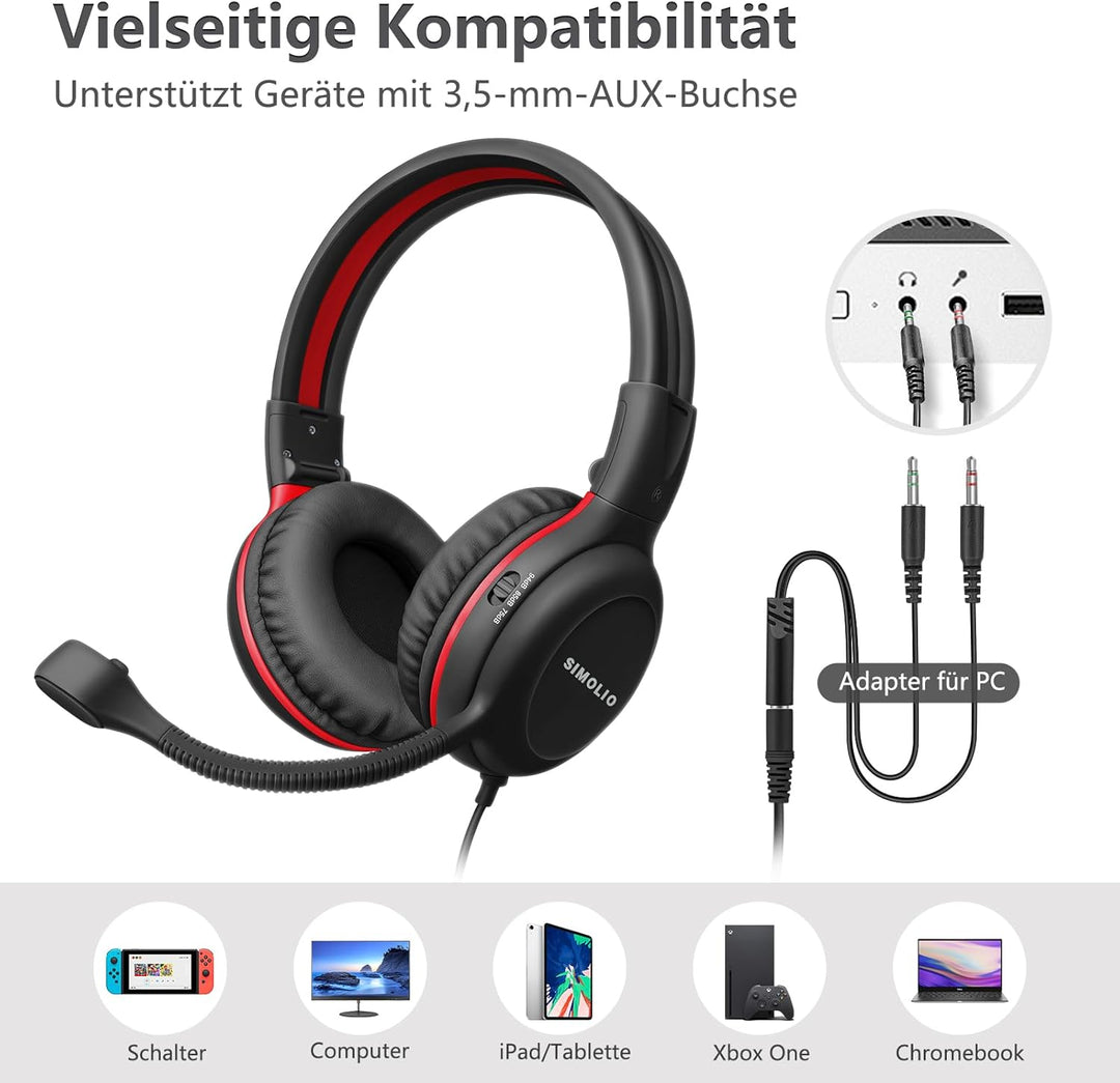 SIMOLIO Kopfhörer Kinder, Kabel Kinderkopfhörer mit Mikrofon für Schule und Gaming, On Ear kopfhörer