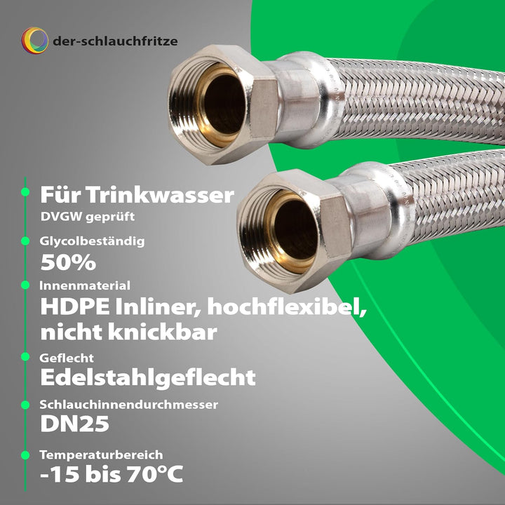 H2O-Flex® Flexschlauch 1"ÜM x 1"ÜM, hoch flexibler Panzerschlauch DN 25 mit Trinkwasserzulassung 1,0