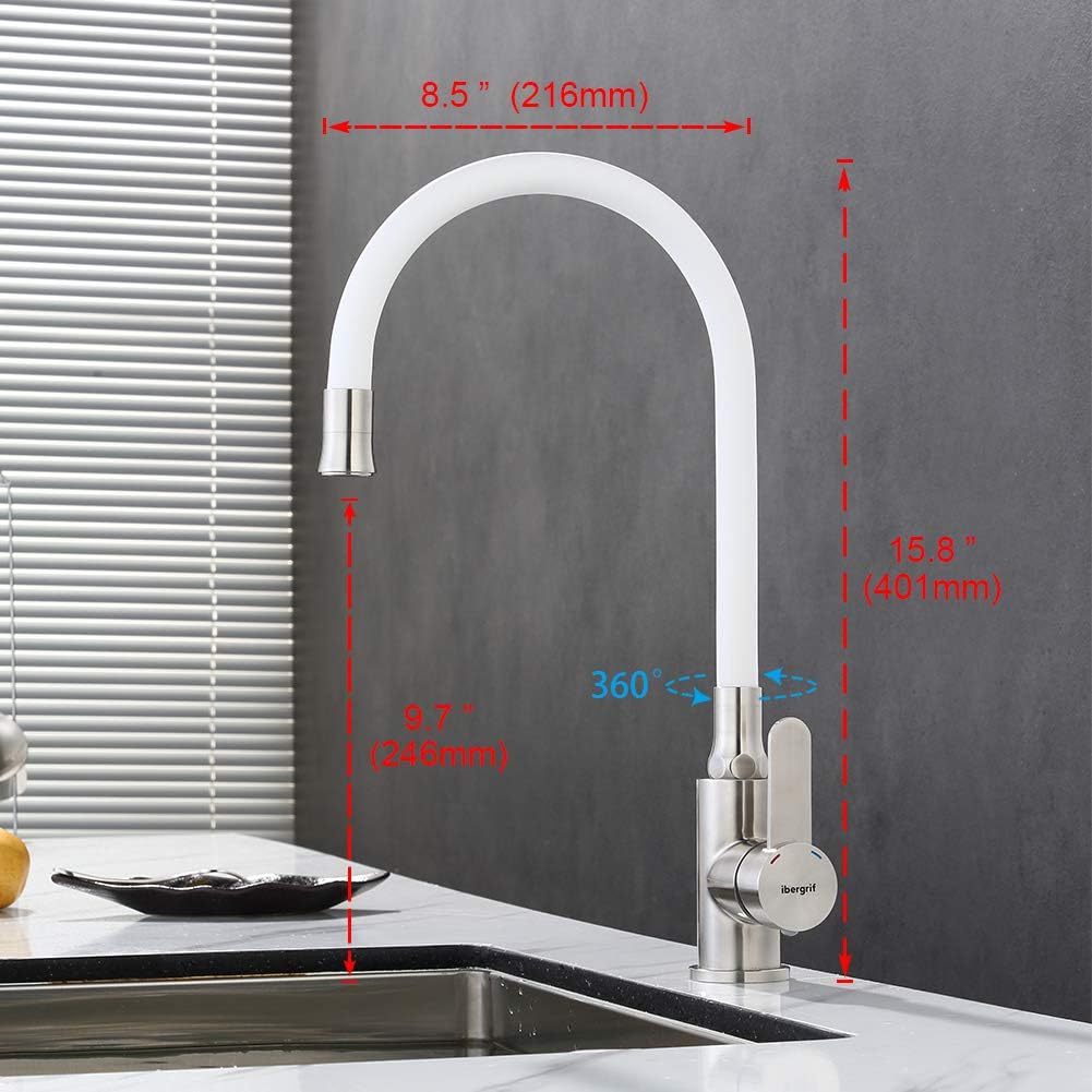 Ibergrif, Einhebel Küchenarmatur, Wasserhahn für Küche mit Weiss Flexibler Auslauf, Supersteel, Weis