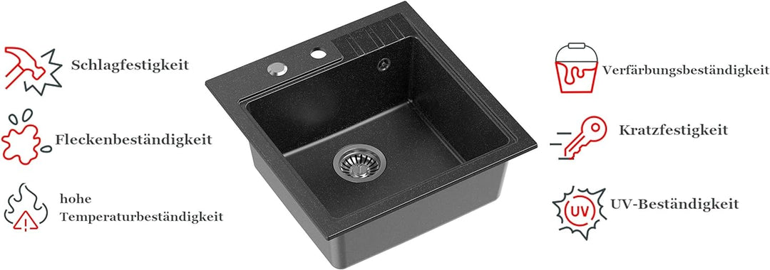 VBChome Spüle 52 x 50 cm Schwarz Tiefes Becken 20cm Küche Einbauspüle Verbundspüle Küchenspüle Einze