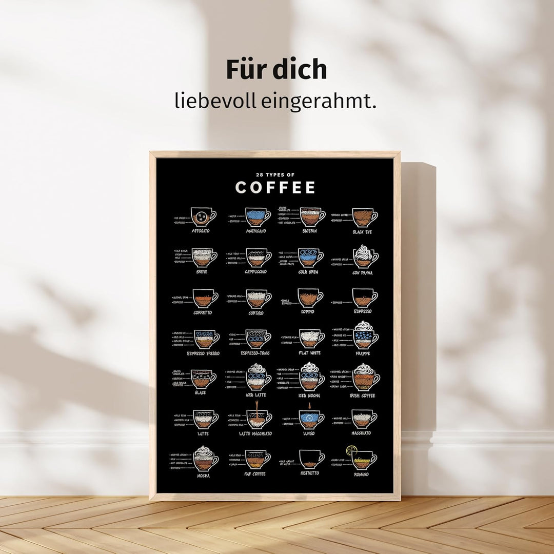 JUNOMI® Kaffee Poster A2 mit Rahmen Holz Eiche, 28 Types of Coffee, Perfekte Kaffee Küchen Deko mit