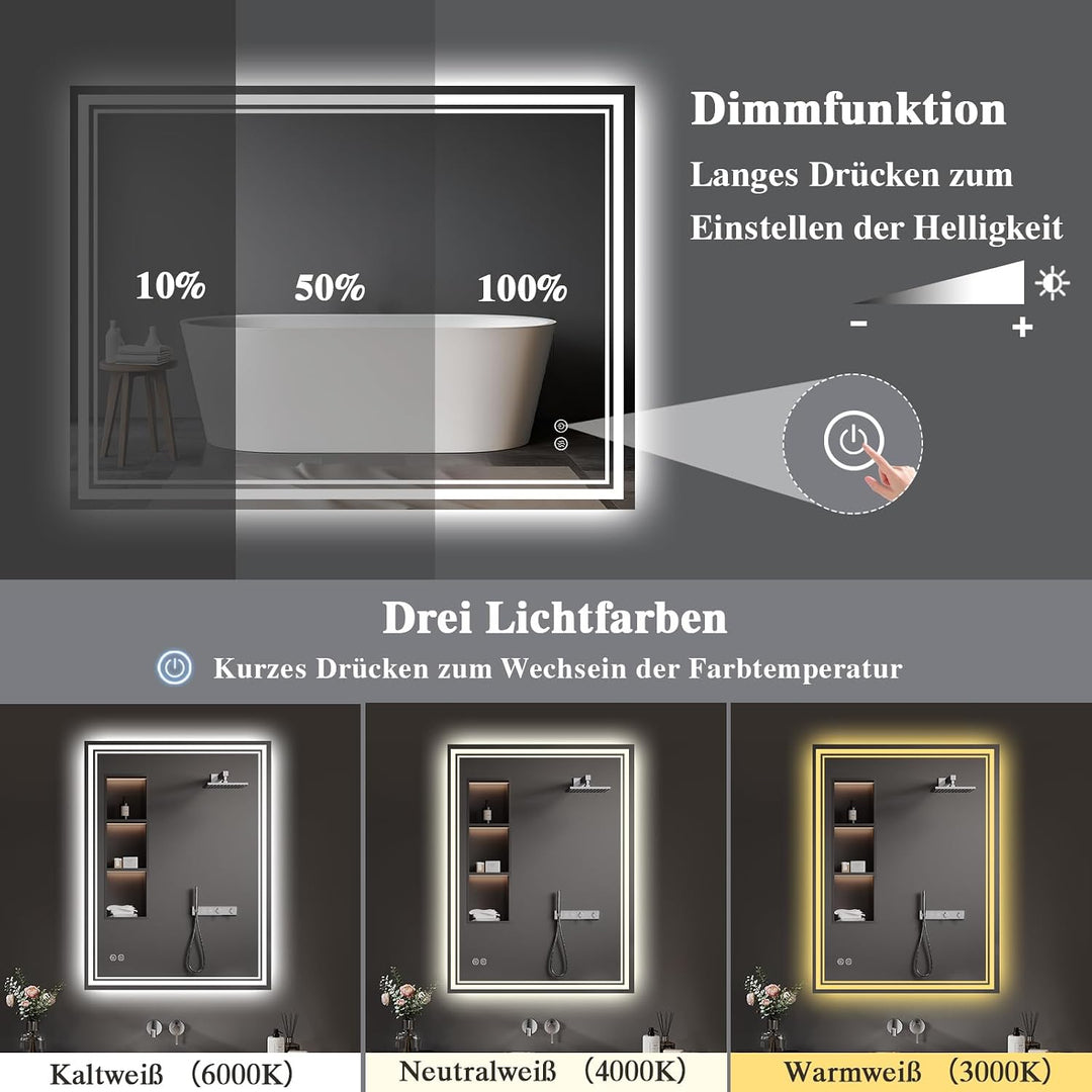 Badspiegel-mit-Beleuchtung 70x120cm - LED Badezimmerspiegel Badezimmer Spiegel mit Beleuchtung, Besc