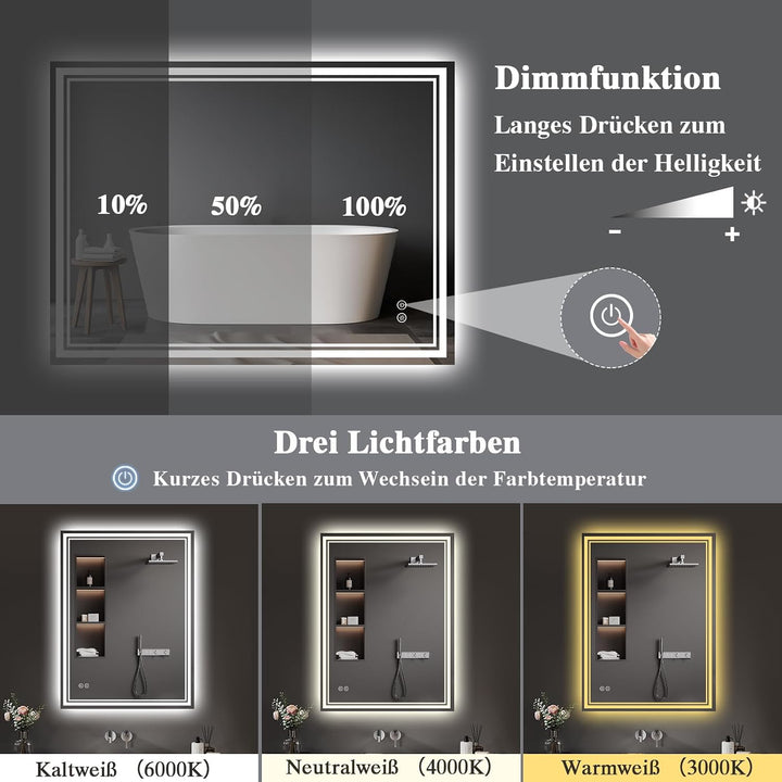 Badspiegel-mit-Beleuchtung 70x120cm - LED Badezimmerspiegel Badezimmer Spiegel mit Beleuchtung, Besc