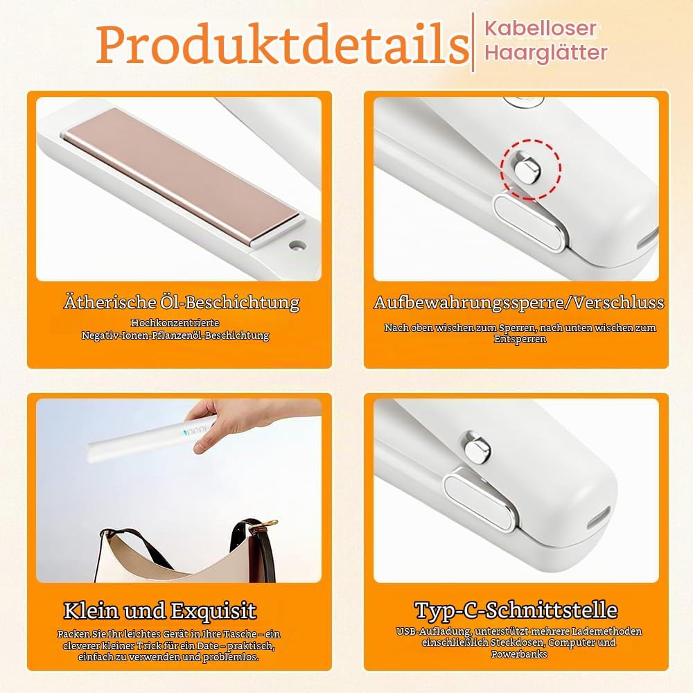 2 In 1 Mini Glätteisen Kabellos und Lockenstab, Hair Straightener, 4 Temperaturen, Wiederaufladbare