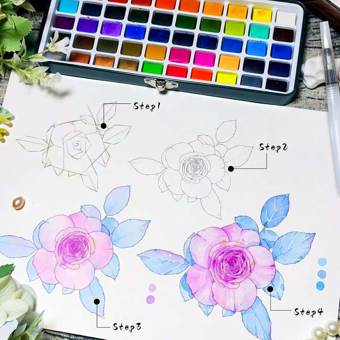 Artecho Aquarellfarben Set 100 Farben in Tragbarer Box, Mit Pinsel und Aquarellpapier, Aquarell für