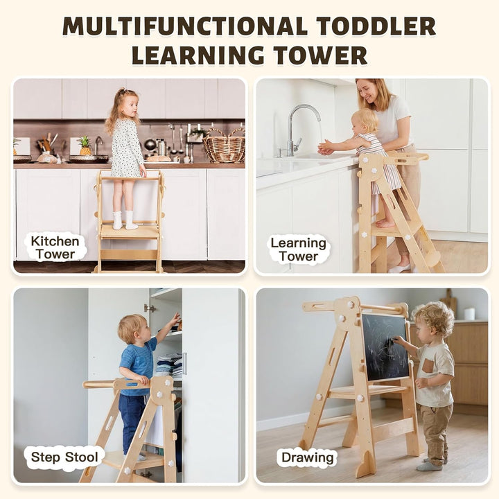 labebe Klappbar Lernturm für Kinder, Montessori Learning Tower mit Zweiseitige Tafel, 3 in 1 Einstel