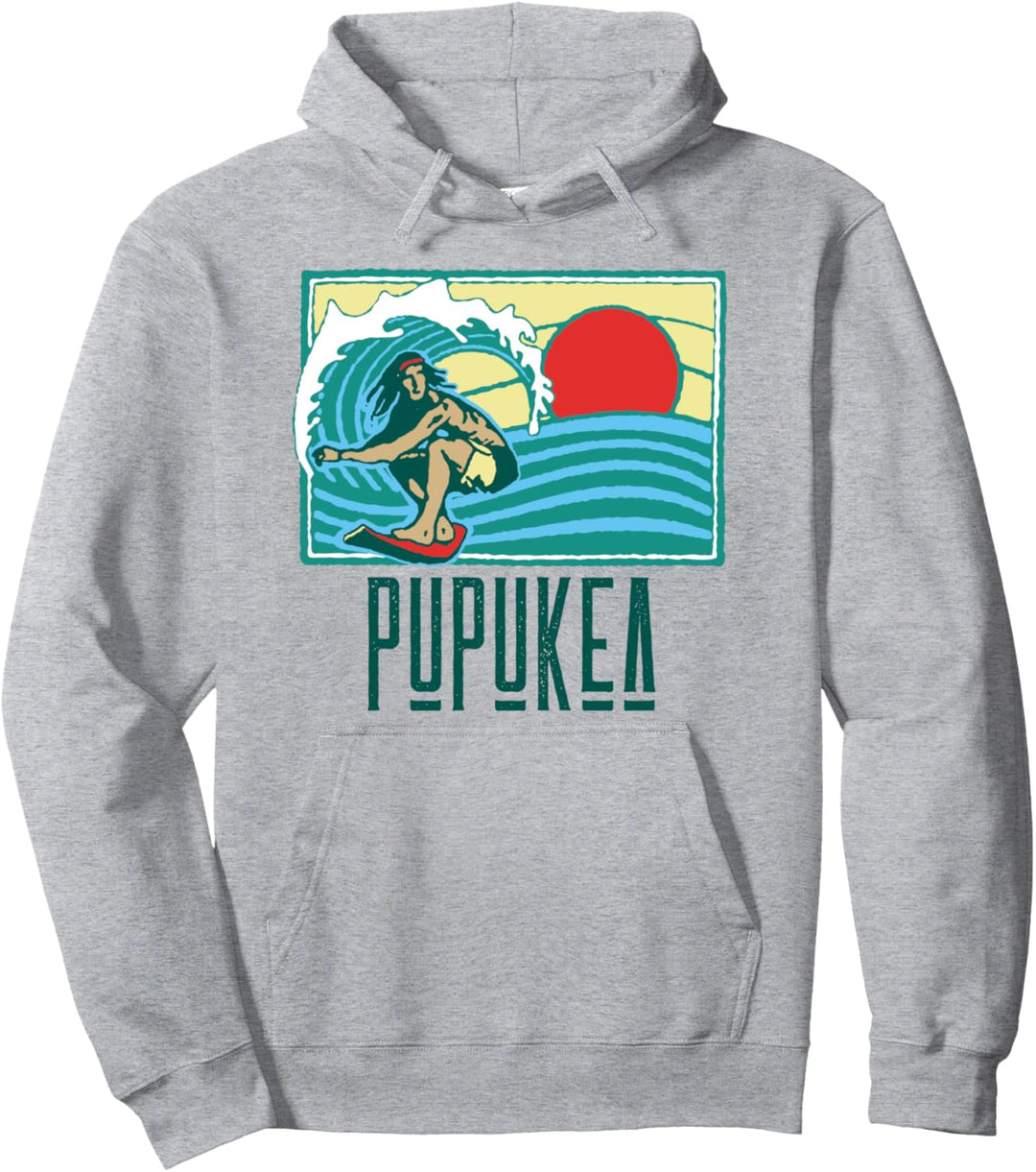 Pupukea Hawaii Vintage Surfer & Wave Retro Graphic Pullover Hoodie