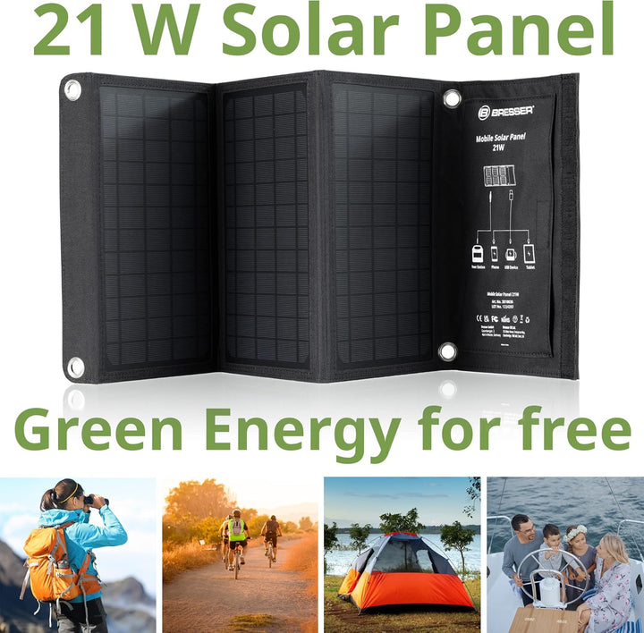 Bresser Solar Ladegerät 21W mit USB-A- und DC-Anschluss inkl. Adaptern, Solar-Panel als Ladegerät fü