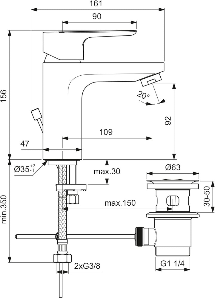Ideal Standard BC560AA Ceraplan III Slim Waschtischarmatur, Chrom Auslaufhöhe 92mm mit Ablaufgarnitu