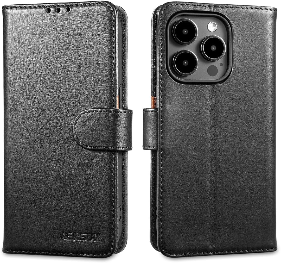 LENSUN Echtleder Hülle für iPhone 15 Pro, Handyhülle [Echtes Leder][Magnetverschluss][RFID Schutz] H