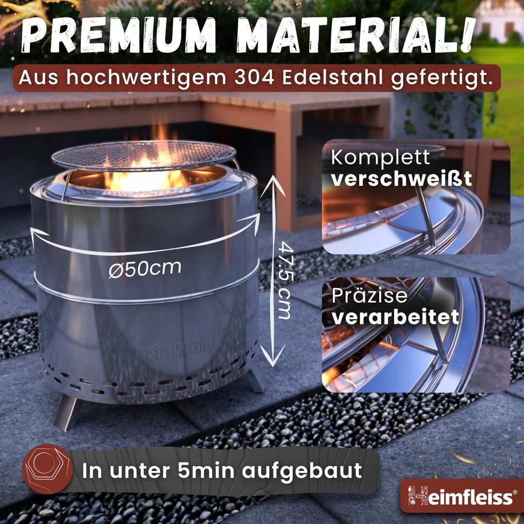 Heimfleiss® Rauchfreie Feuerschale Edelstahl Ø50cm | Feuerkorb mit Grillrost | Feuerschale Rauchfrei