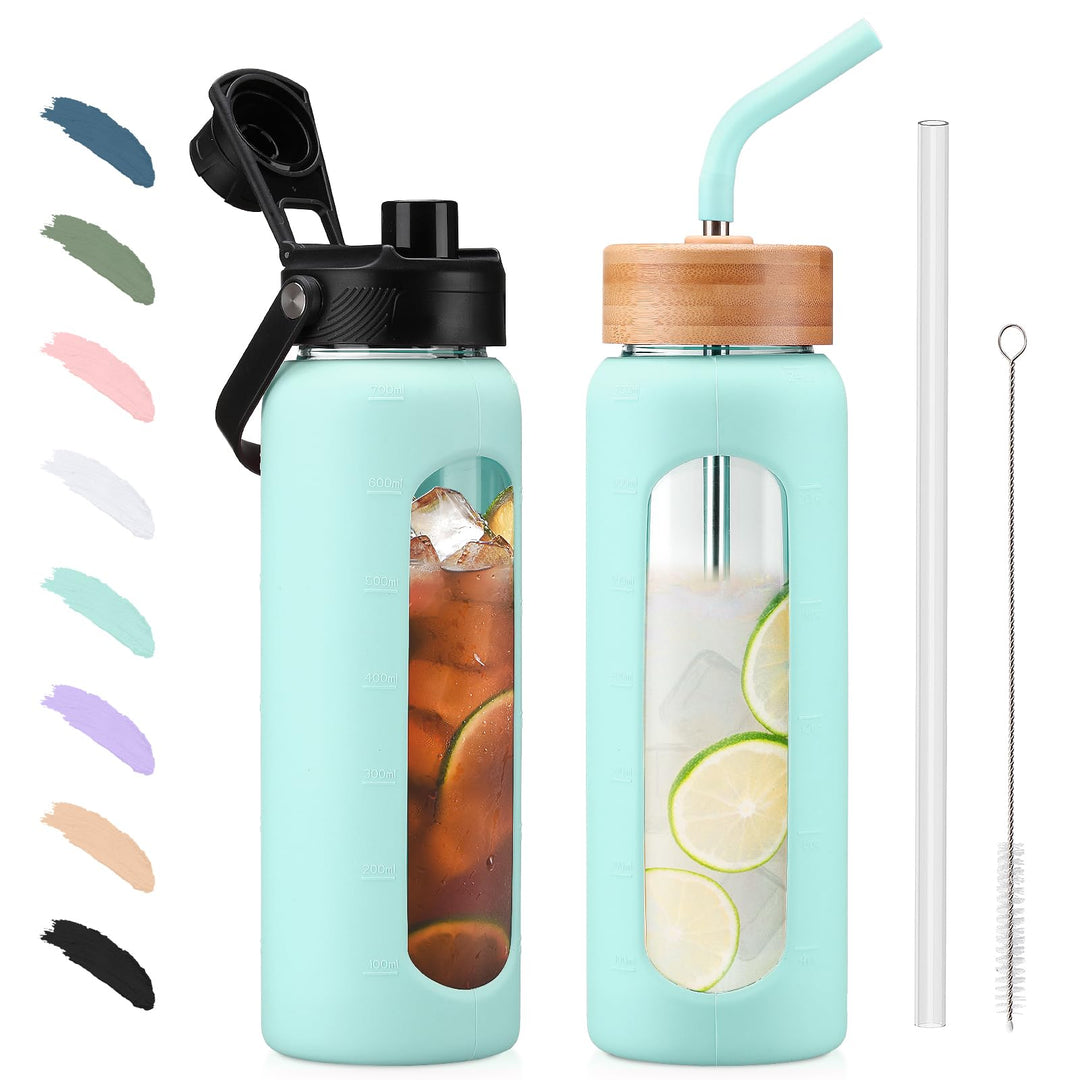 BLUEGO 700ml Glaswasserflasche mit Strohhalm und 2 Deckeln Kaffeetasse aus Glas mit Zeitmarkierung u