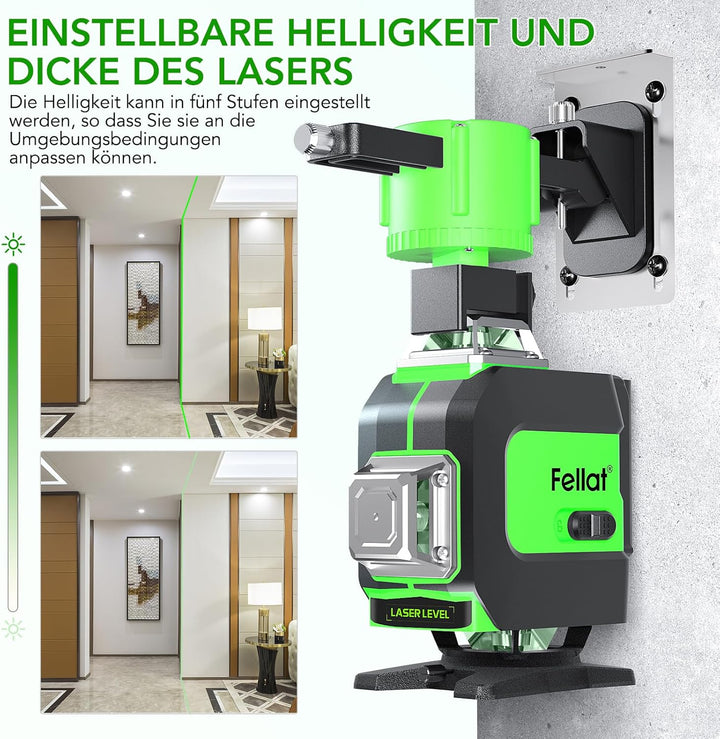 Kreuzlinienlaser 4x360°, FELLAT Grün Selbstnivellierend Laser Wasserwaage 16 Linienlaser Rotationsla