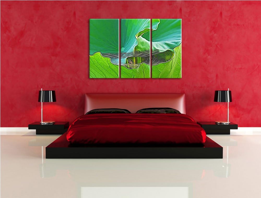 kleines Spinnennetz zwischen grossen Blättern NewArt 3-Teiler Leinwandbild 120x80 Bild auf Leinwand,