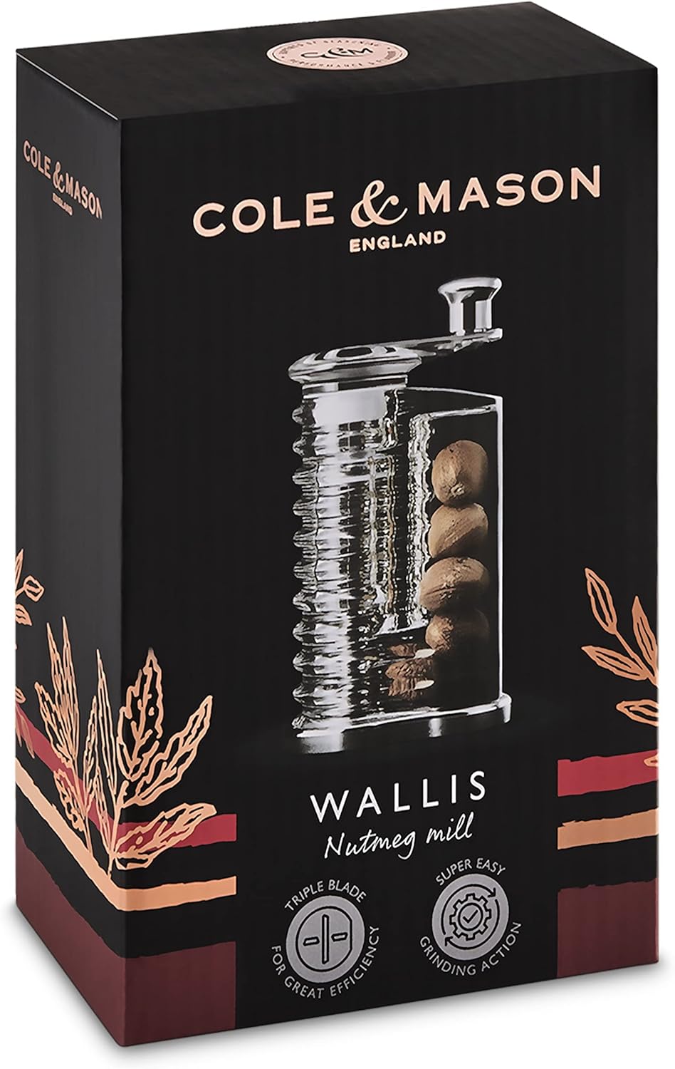 Cole & Mason H101119 Wallis Muskatmühle, Gezackte Klingen aus rostfreiem Stahl, Edelstahl / Acryl, 1