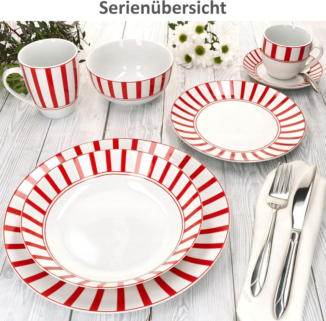 MamboCat Split rot 6er Set Kuchenteller I weisses Porzellan-Frühstücksteller mit Streifen für 6 Pers