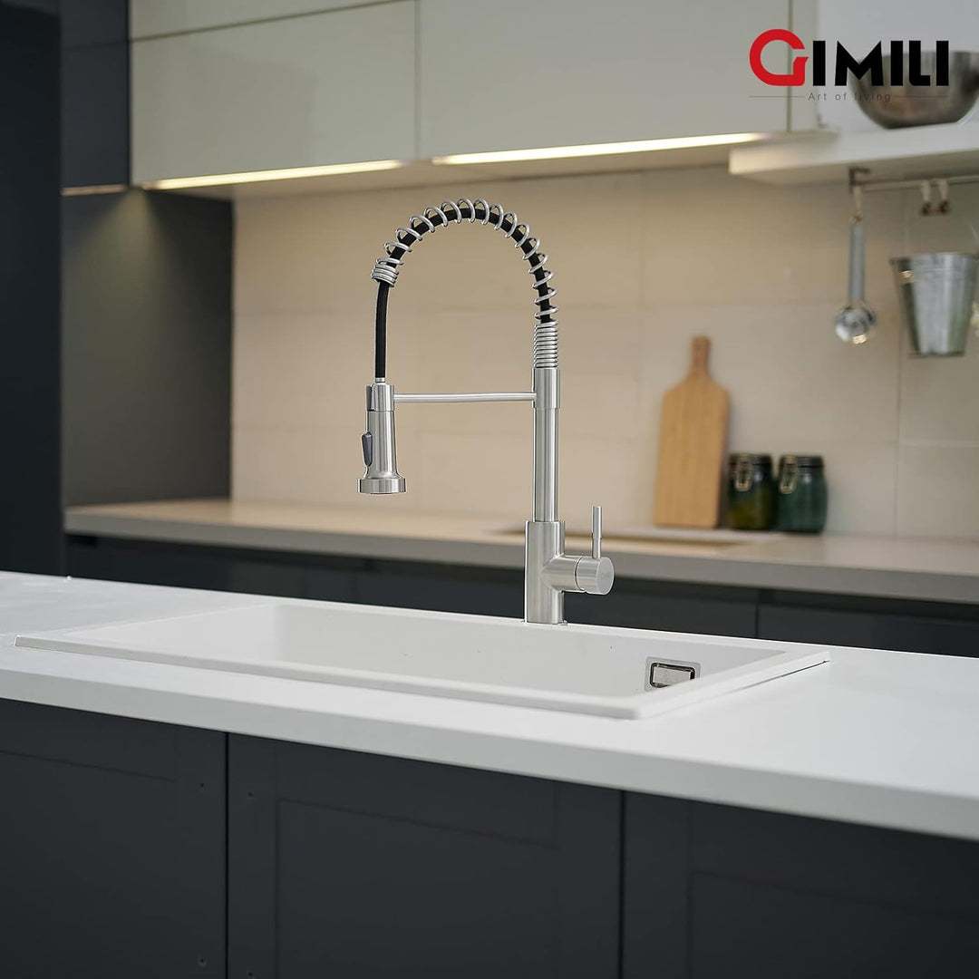 GIMILI Küchenarmatur mit Pull Down Sprayer High Arc Single Handle Spring Kitchen Sink Faucet Brushed