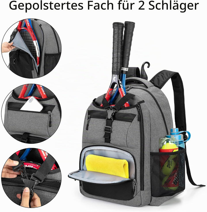 DSLEAF Tennistasche für 2 Schläger, Tennisrucksack mit separatem Schuhfach für Sporttraining, Fitnes