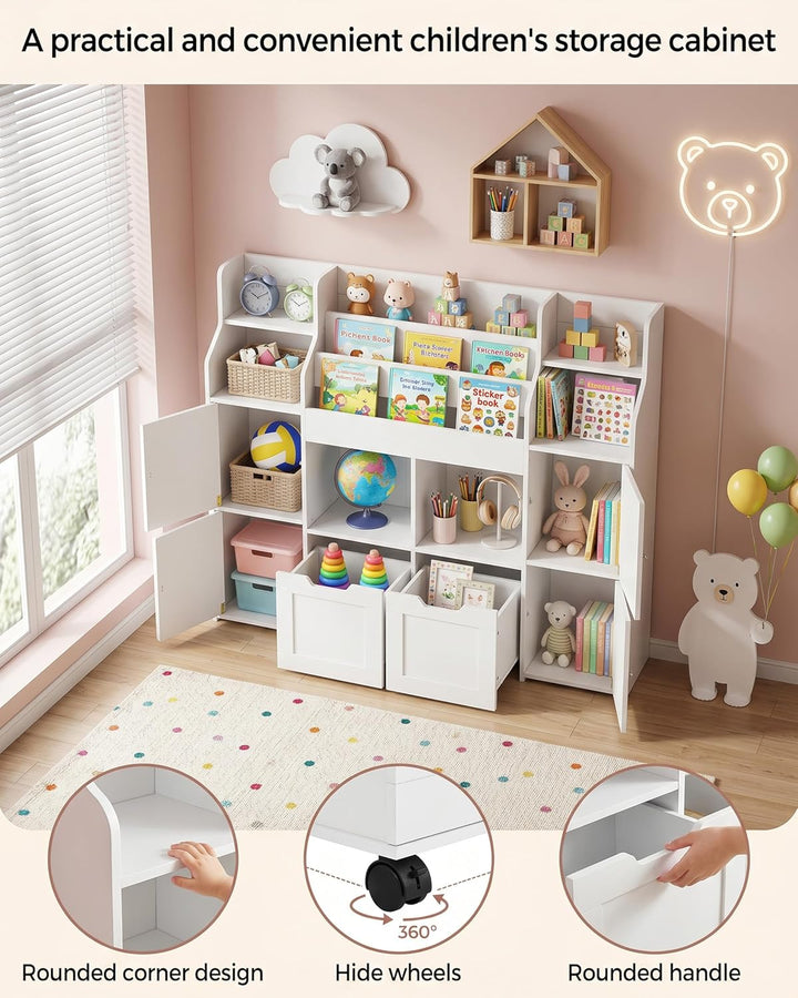 Kinder Bücherregal mit 2 Boxen Weiss Schmal Montessori Spielzeugregal für Kinderzimmer Aufbewahrung