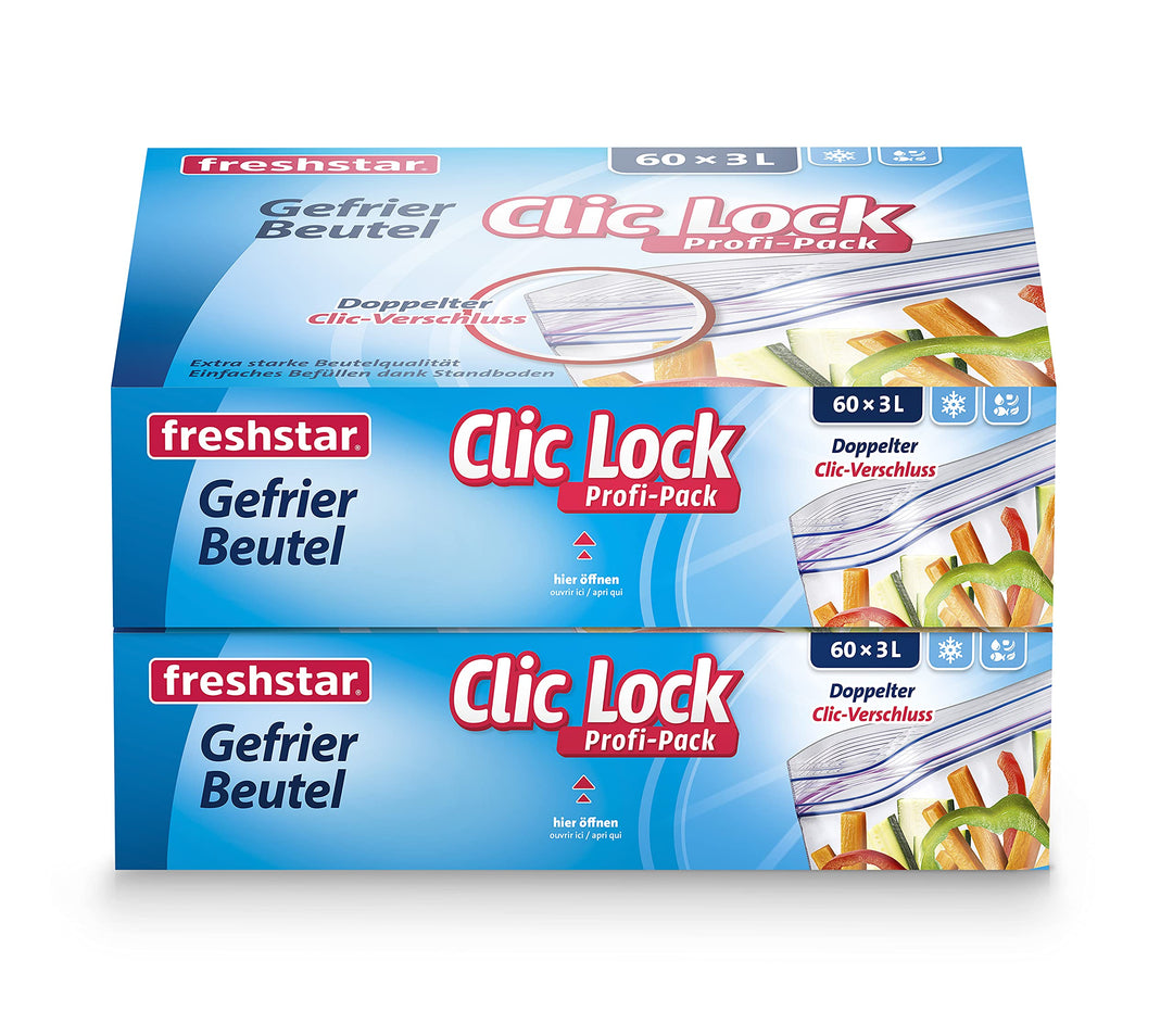 Freshstar Gefrierbeutel Clic-Lock 3.0l, 2 x 60 Stk. à 27 x 25 cm, Vorratspackung 2 Stück im Set, 218