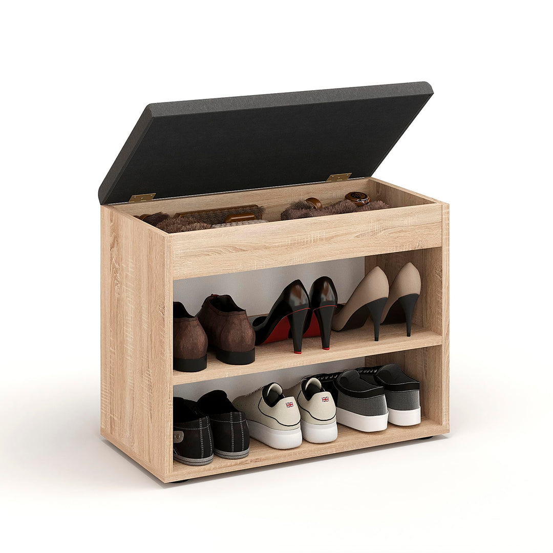 KOMTO Schuhbank mit Sitzfläche - Schuhregal Bank mit Stauraum Sonoma Eiche 60 x 48 x 32 cm Kleiner S