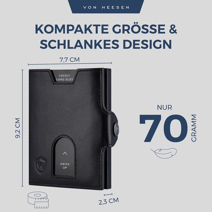 VON HEESEN Slim Wallet mit XL Münzfach & RFID Schutz - Leder Geldbörse Herren klein - Mini Geldbeute