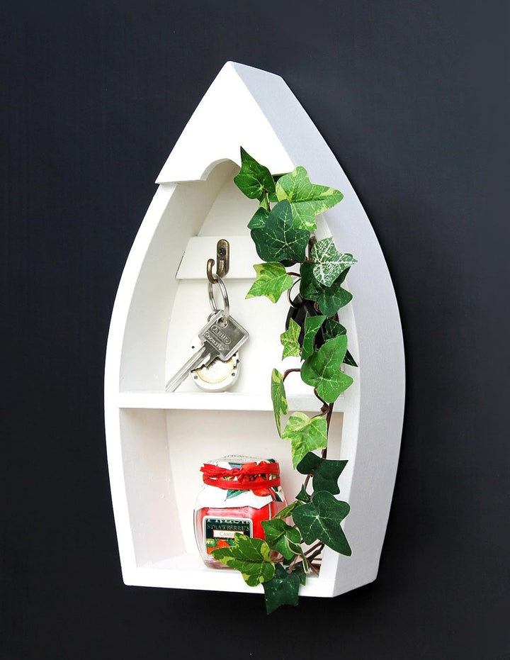 DanDiBo Schlüsselboard aus Holz mit Ablage Boot Schlüsselhaken Wandregal 30-38 cm Schlüsselleiste Sc