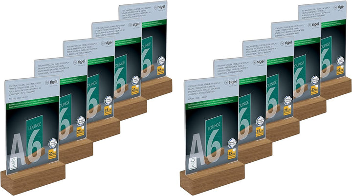 SIGEL TA252/10 Tischaufsteller A6 hoch, mit Eichenholz-Sockel, 10er Pack, glasklar Acryl, garantiert