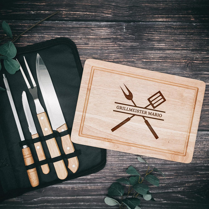 Grillset mit Messer im Messerset, Grillen Geschenk, Grill Accessories, Grillbrett, Geschenke für Män