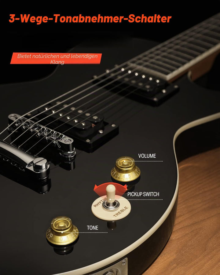 Donner E-Gitarre Set E Gitarren LP-Stil 39 Zoll Voller Grösse mit Tasche, Gurt, Kabel (Schwarz), Sch