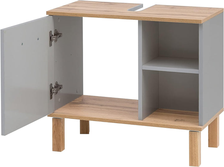 Schildmeyer Padua Waschbeckenunterschrank 148823, Platingrau/Eiche Landhaus Dekor, 65,2 x 35,0 x 60,