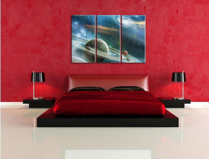 Pixxprint Planet mit Ringsystem / 3-Teilig/Gesamtmass 120cm Leinwandbild bespannt auf Holzrahmen/Wan