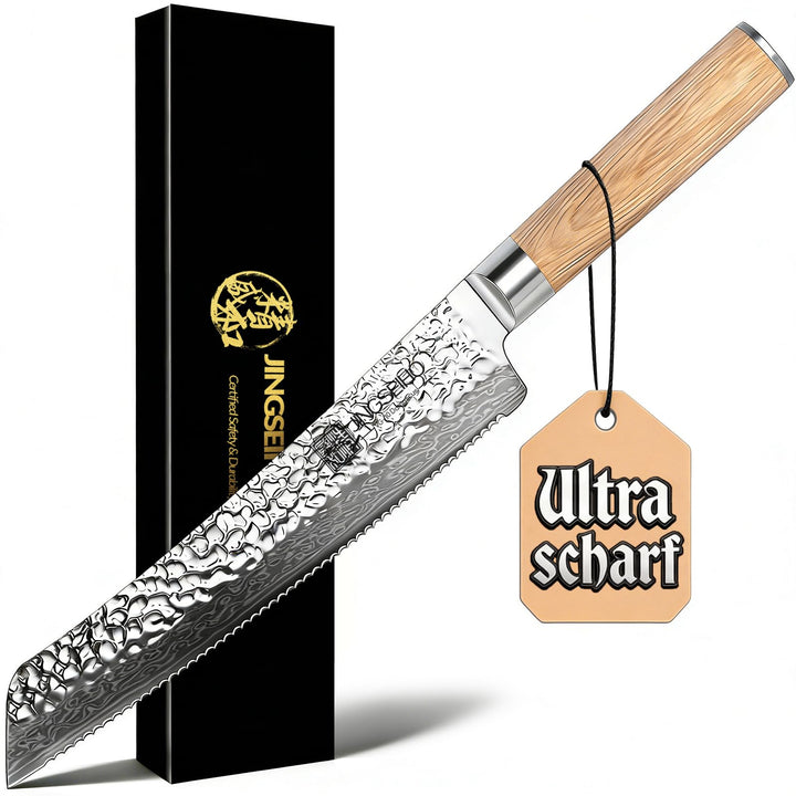 Japanisches Brotmesser Wellenschliff 20 cm, VG-10 Damaststahl-Klinge mit Extra Langer Schärfe, Perfe