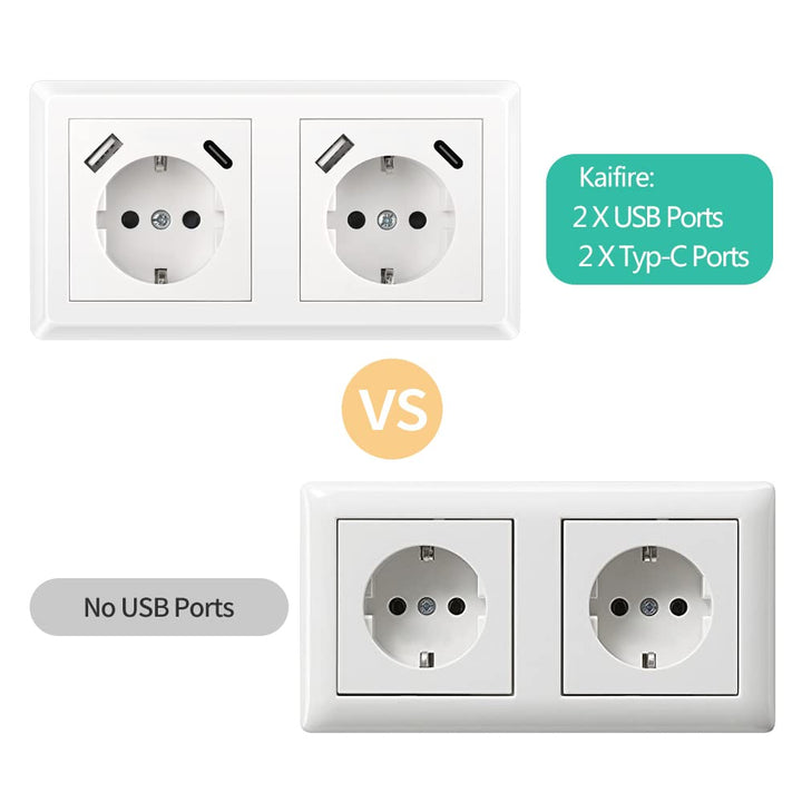 Kaifire Doppelsteckdose mit 2 USB Ladegerät und 2 Typ C, Schuko USB Steckdose Unterputz System 55 Re